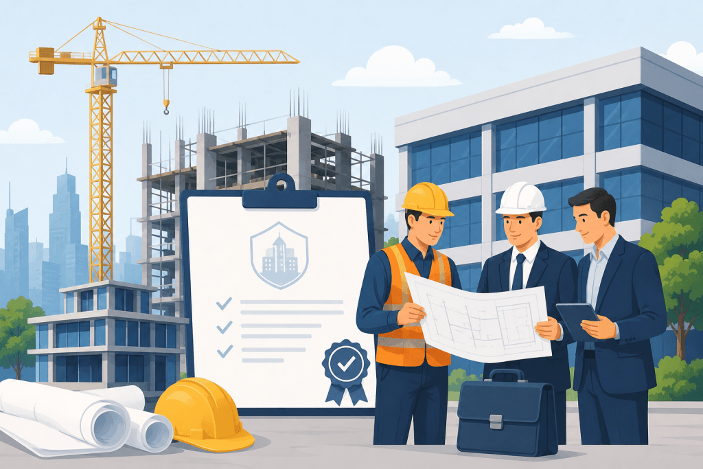sbu-konstruksi-untuk-perusahaan-baru Ilustrasi perusahaan baru yang mengurus SBU Konstruksi dengan tim profesional, dokumen legalitas, dan proyek pembangunan gedung.