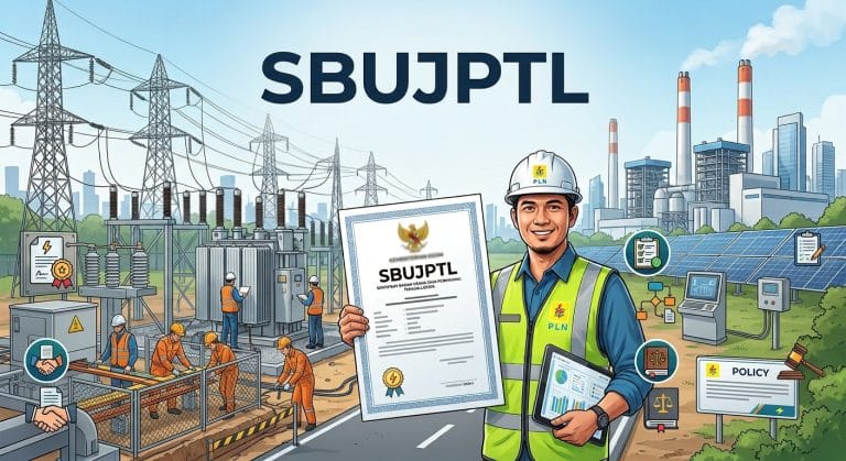 Ilustrasi infografis tentang SBUJPTL (Sertifikat Badan Usaha Jasa Penunjang Tenaga Listrik) yang menampilkan seorang teknisi berhelm keselamatan memegang dokumen sertifikat resmi, dengan latar belakang gardu induk, jaringan transmisi listrik, serta fasilitas pembangkit tenaga listrik.