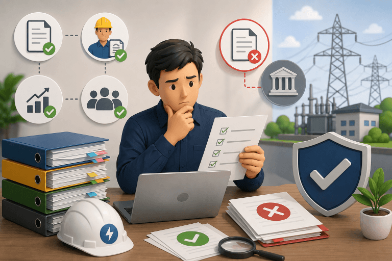 Ilustrasi pengajuan SBUJPTL yang menampilkan seorang pekerja memeriksa checklist dokumen, berkas administrasi, sertifikat kompetensi, dan status dokumen benar atau salah, dengan latar infrastruktur ketenagalistrikan.